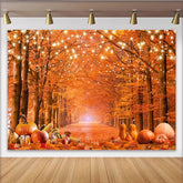 Lofaris Herbstlicher Waldweg Hintergrund mit Lichterketten und Kürbissen, festliche Fotokulisse für Erntedankfest und Fotoshooting