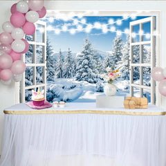 Lofaris Winterlandschaft Fotohintergrund mit offenem Fenster und Lichterkette, realistische Kulisse für stimmungsvolle Winterfotos
