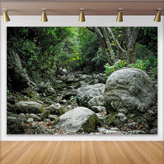 Lofaris Grüner Waldweg Naturlandschaft Hintergrund mit Felsen und Bäumen, realistische Fotokulisse für professionelle Fotoshootings