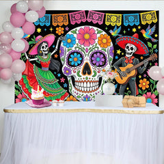Lofaris Bunter Dia de los Muertos Hintergrund mit Zuckerschädeln und Skeletten, festliche mexikanische Fotokulisse für Feiern
