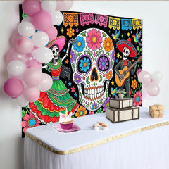 Lofaris Bunter Dia de los Muertos Hintergrund mit Zuckerschädeln und Skeletten, festliche mexikanische Fotokulisse für Feiern