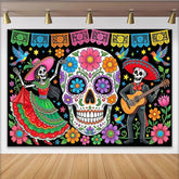 Lofaris Bunter Dia de los Muertos Hintergrund mit Zuckerschädeln und Skeletten, festliche mexikanische Fotokulisse für Feiern
