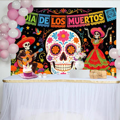 Lofaris Farbenfroher Día de los Muertos Hintergrund mit Zuckerschädeln und Skeletten, festliche mexikanische Kulisse für Partydekoration