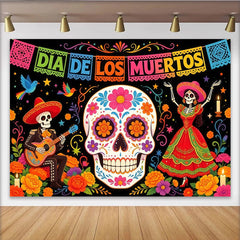 Lofaris Farbenfroher Día de los Muertos Hintergrund mit Zuckerschädeln und Skeletten, festliche mexikanische Kulisse für Partydekoration
