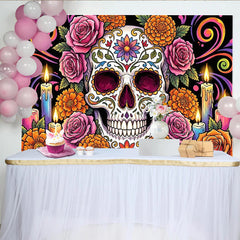 Lofaris Bunter Dia-de-los-Muertos-Hintergrund mit Zuckerschädel Rosen und Kerzen, festliche Fotowand für mexikanische Feierlichkeiten