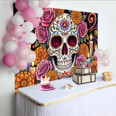 Lofaris Bunter Dia-de-los-Muertos-Hintergrund mit Zuckerschädel Rosen und Kerzen, festliche Fotowand für mexikanische Feierlichkeiten