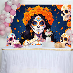 Lofaris Mexikanischer Dia de los Muertos Hintergrund mit Zuckerschädel Frau, farbenfrohe Fotowand für Feierlichkeiten und Fotoshooting