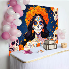 Lofaris Mexikanischer Dia de los Muertos Hintergrund mit Zuckerschädel Frau, farbenfrohe Fotowand für Feierlichkeiten und Fotoshooting