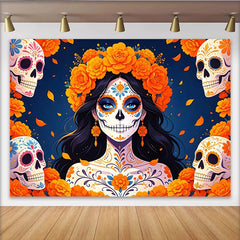Lofaris Mexikanischer Dia de los Muertos Hintergrund mit Zuckerschädel Frau, farbenfrohe Fotowand für Feierlichkeiten und Fotoshooting