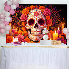 Lofaris Bunter Día de los Muertos Hintergrund mit Zuckerschädel und Blumen, festliche Kulisse für Feiern und Fotostudio
