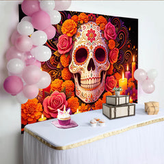 Lofaris Bunter Día de los Muertos Hintergrund mit Zuckerschädel und Blumen, festliche Kulisse für Feiern und Fotostudio