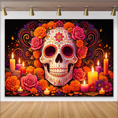 Lofaris Bunter Día de los Muertos Hintergrund mit Zuckerschädel und Blumen, festliche Kulisse für Feiern und Fotostudio