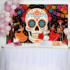 Lofaris Farbenfroher Zuckerschädel Mexikanisches Totenfest Hintergrund, festliche Partydekoration mit Skeletten für Fotoshootings