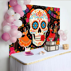 Lofaris Farbenfroher Zuckerschädel Mexikanisches Totenfest Hintergrund, festliche Partydekoration mit Skeletten für Fotoshootings