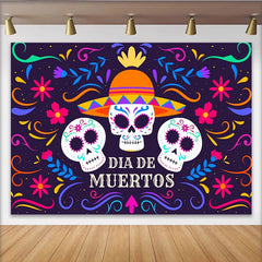 Lofaris Farbenfroher Dia de los Muertos Hintergrund mit Zuckerschädeln und Sombrero, mexikanische Party Kulisse für Feierlichkeiten