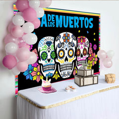 Lofaris Bunter Dia de los Muertos Hintergrund mit Zuckerschädeln und Blumen, festliche Fotowand für mexikanische Feiern und Dekoration