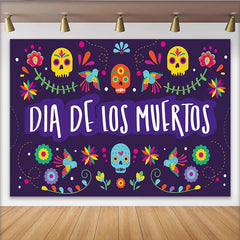 Lofaris Bunter Dia de los Muertos Hintergrund mit Totenköpfen und Blumen, festliche Kulisse für mexikanische Partydekoration