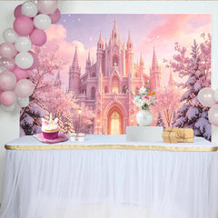 Lofaris Rosa Winter Märchenschloss Fotohintergrund mit Kirschblüten, traumhafte Kulisse für Prinzessinnen Party und Fotoshooting