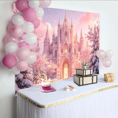 Lofaris Rosa Winter Märchenschloss Fotohintergrund mit Kirschblüten, traumhafte Kulisse für Prinzessinnen Party und Fotoshooting