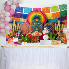 Lofaris Bunter Mexikanischer Fiesta Hintergrund mit Kaktus Piñata und Papel Picado, lebendige Fotowand für festliche Partydekoration