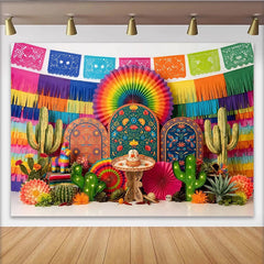 Lofaris Bunter Mexikanischer Fiesta Hintergrund mit Kaktus Piñata und Papel Picado, lebendige Fotowand für festliche Partydekoration