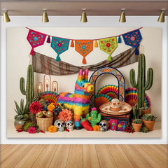 Lofaris Bunter Mexikanischer Fiesta Hintergrund mit Piñata Kakteen und Zuckerschädeln, lebendige Party Fotokulisse für Cinco de Mayo Feiern