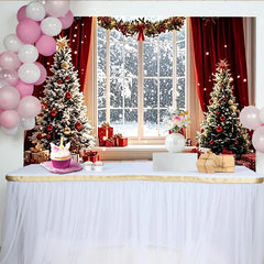 Lofaris Winterlicher Weihnachtshintergrund mit Schnee, Tannenbäumen und Geschenken, festliche Kulisse für Winterparty und Fotoshooting