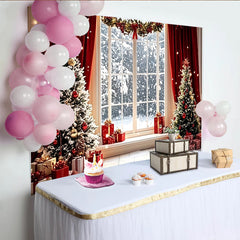 Lofaris Winterlicher Weihnachtshintergrund mit Schnee, Tannenbäumen und Geschenken, festliche Kulisse für Winterparty und Fotoshooting