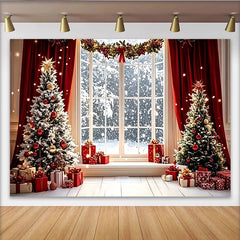 Lofaris Winterlicher Weihnachtshintergrund mit Schnee, Tannenbäumen und Geschenken, festliche Kulisse für Winterparty und Fotoshooting
