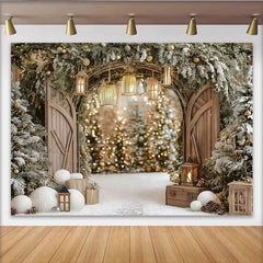 Lofaris Verschneiter Weihnachts-Hintergrund mit Holztor und funkelnden Lichtern, magische Winterkulisse für festliche Familienfotos