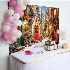 Lofaris Festlicher Weihnachtsdorf Hintergrund mit Schnee und Lichterketten, winterliche Kulisse für Fotoshooting und Dekoration
