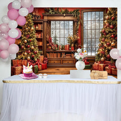 Lofaris Festlicher Weihnachtshintergrund mit Bibliothek und verschneitem Fenster, gemütliche Fotokulisse für Winterfotoshootings