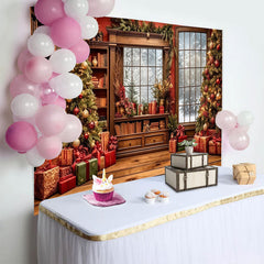 Lofaris Festlicher Weihnachtshintergrund mit Bibliothek und verschneitem Fenster, gemütliche Fotokulisse für Winterfotoshootings