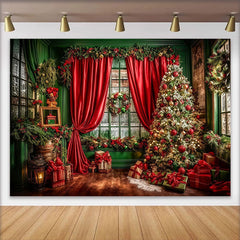 Lofaris Festlicher roter und grüner Weihnachtshintergrund mit Baum und Geschenken, gemütliche Kulisse für Familienfotos und Partydekoration