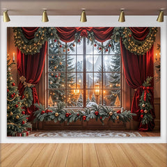 Lofaris Roter Samt Weihnachtshintergrund mit verschneitem Fensterblick und Weihnachtsbaum, festliche Winterkulisse für Fotoshootings