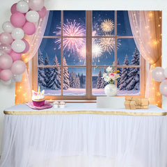 Lofaris Winterlicher Neujahrs-Hintergrund mit festlichem Lichterglanz und verschneitem Wald, Fotokulisse für Silvesterpartydekoration