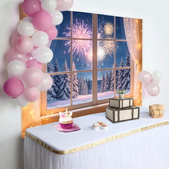 Lofaris Winterlicher Neujahrs-Hintergrund mit festlichem Lichterglanz und verschneitem Wald, Fotokulisse für Silvesterpartydekoration
