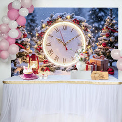Lofaris Verschneiter Weihnachtsuhr Hintergrund mit Tannenbäumen und Geschenken, festliche Winterkulisse für Fotoshooting