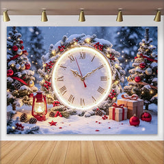 Lofaris Verschneiter Weihnachtsuhr Hintergrund mit Tannenbäumen und Geschenken, festliche Winterkulisse für Fotoshooting