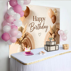 Lofaris Boho Happy Birthday Hintergrund mit Pampasgras und Luftballons, elegante Kulisse für Fotoshootings und Partydekoration