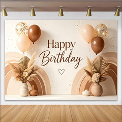 Lofaris Boho Happy Birthday Hintergrund mit Pampasgras und Luftballons, elegante Kulisse für Fotoshootings und Partydekoration