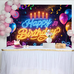Lofaris Leuchtender Neon Geburtstagshintergrund mit Happy Birthday Schriftzug, bunte Luftballons und Geschenke als Party Fotowand