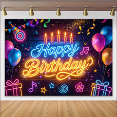 Lofaris Leuchtender Neon Geburtstagshintergrund mit Happy Birthday Schriftzug, bunte Luftballons und Geschenke als Party Fotowand