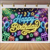 Lofaris Leuchtender Neon-Geburtstagshintergrund mit Happy Birthday Schriftzug, farbenfrohe Fotokulisse auf Ziegelwand-Optik für Partys