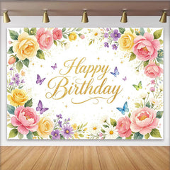 Lofaris Goldener Happy Birthday Blumen Geburtstagshintergrund mit Schmetterlingen, elegante Fotowand für Mädchen und Kindergeburtstagsparty