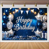 Lofaris Blauer Geburtstagshintergrund mit Happy Birthday Schriftzug, festliche Fotowand für Partydekoration und Fotoshooting