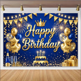 Lofaris Blau-Gold-Geburtstagshintergrund mit Happy Birthday Krone und Ballons, funkelnde Partydekoration für festliche Anlässe