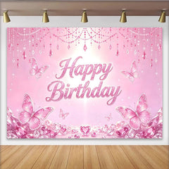 Lofaris Rosa Glitzer Happy Birthday Schmetterling Hintergrund für Mädchen, funkelnde Prinzessin Partydekoration mit Edelsteinen