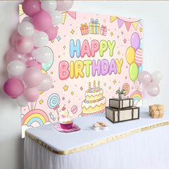 Lofaris Bunter Cartoon Happy Birthday Hintergrund für Kinder mit Ballons und Kuchen, süße Fotowand für Partydekoration