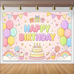 Lofaris Bunter Cartoon Happy Birthday Hintergrund für Kinder mit Ballons und Kuchen, süße Fotowand für Partydekoration
